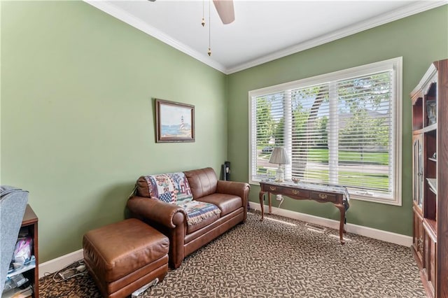 9800 W 147th St, Overland Park, KS 66221 - sitting room with crown molding, ceiling fan, and carpet floors