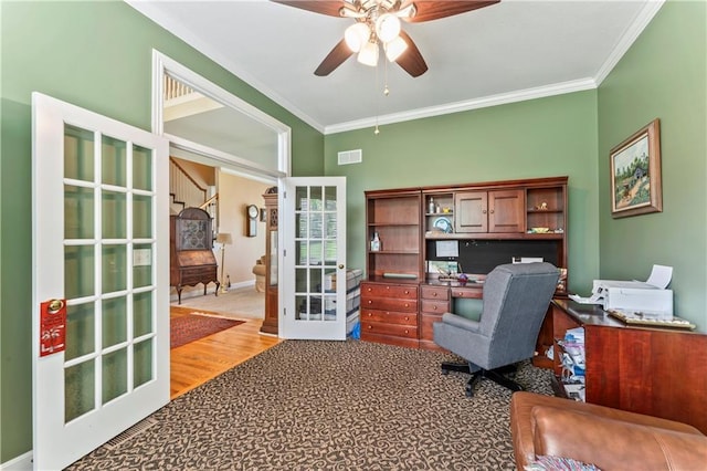 9800 W 147th St, Overland Park, KS 66221 - office featuring ornamental molding, ceiling fan, french doors, and light wood-style floors