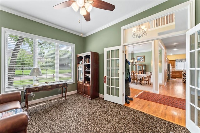9800 W 147th St, Overland Park, KS 66221 - office area with french doors, crown molding, a chandelier, a ceiling fan, and wood finished floors