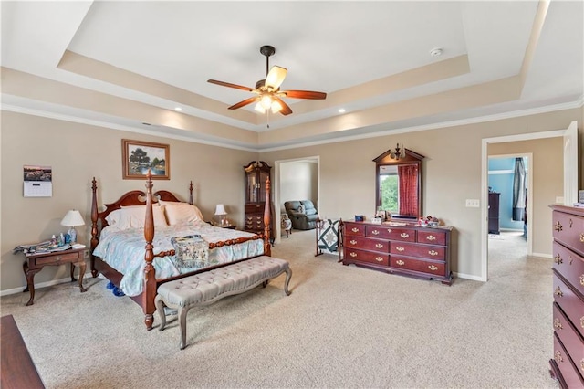 9800 W 147th St, Overland Park, KS 66221 - carpeted bedroom with a raised ceiling, ceiling fan, and recessed lighting