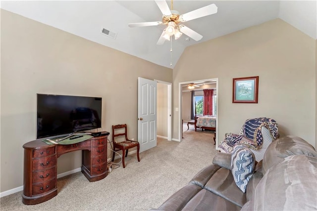 9800 W 147th St, Overland Park, KS 66221 - living area with vaulted ceiling, ceiling fan, and carpet flooring