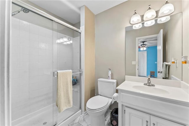 9800 W 147th St, Overland Park, KS 66221 - bathroom with vanity, a stall shower, and a ceiling fan