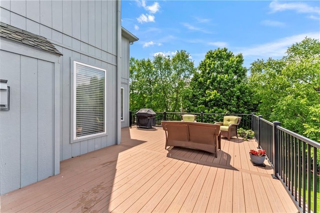 9800 W 147th St, Overland Park, KS 66221 - wooden deck featuring a grill and outdoor lounge area