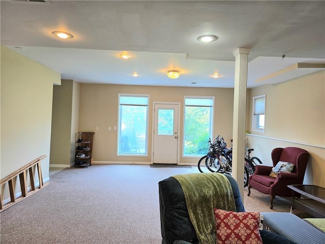 9800 W 147th St, Overland Park, KS 66221 - living area featuring ornate columns, carpet, and recessed lighting