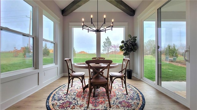 sunroom featuring a healthy amount of sunlight, baseboards, wood finished floors, and a notable chandelier