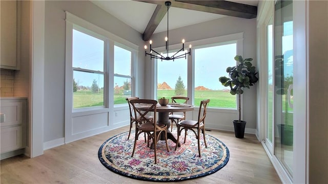 17148 S Heatherwood St, Olathe, KS 66062 - dining area featuring beamed ceiling, plenty of natural light, light wood-style floors, a chandelier, and baseboards