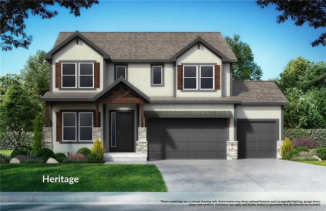17148 S Heatherwood St, Olathe, KS 66062 - view of front of home with stucco siding, stone siding, concrete driveway, and roof with shingles