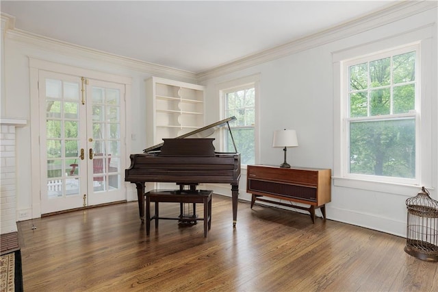 living area featuring wood finished floors, a healthy amount of sunlight, and ornamental molding