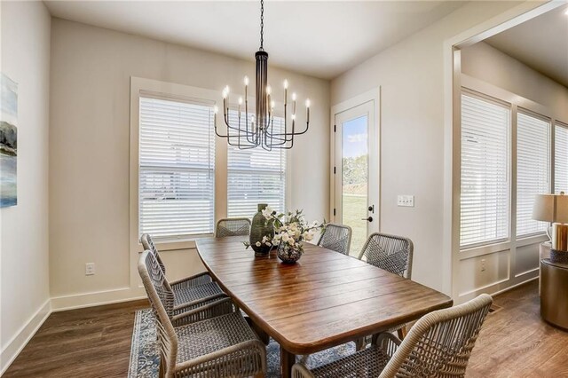 dining area featuring baseboards, plenty of natural light, wood finished floors, and a chandelier