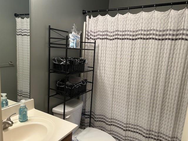 full bathroom with vanity, curtained shower, and toilet