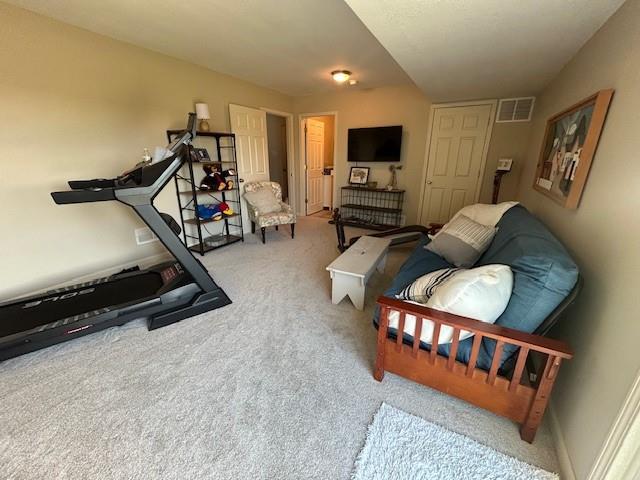 exercise area with carpet flooring and visible vents