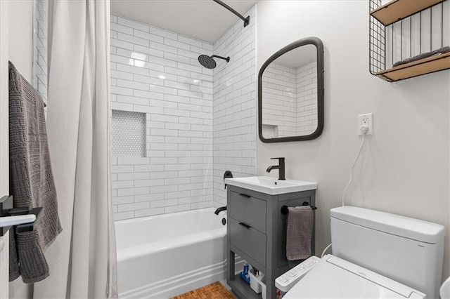 full bath with vanity, shower / tub combo with curtain, and toilet