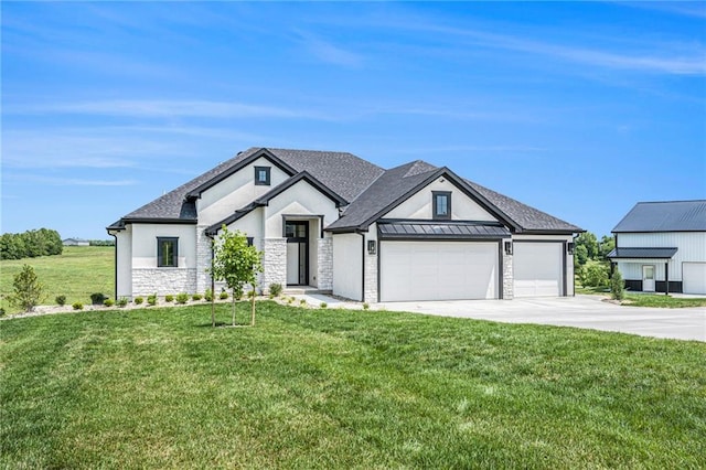 10075 NW Hillsboro Rd, Platte City, MO 64079 - view of front of house with stone siding, driveway, an attached garage, a front yard, and stucco siding