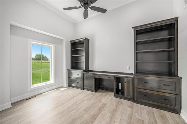 10075 NW Hillsboro Rd, Platte City, MO 64079 - unfurnished office with light wood-style flooring, ceiling fan, and ornamental molding