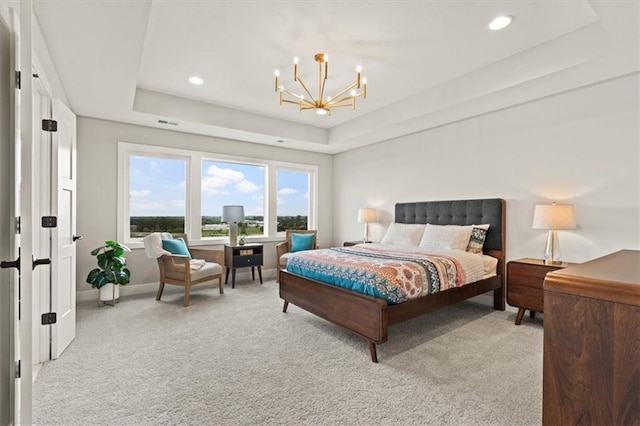 17163 S Laurelwood St, Olathe, KS 66062 - bedroom featuring a raised ceiling, light carpet, a chandelier, recessed lighting, and baseboards