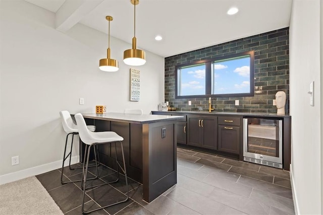 17163 S Laurelwood St, Olathe, KS 66062 - bar featuring beverage cooler, a sink, recessed lighting, decorative light fixtures, and decorative backsplash