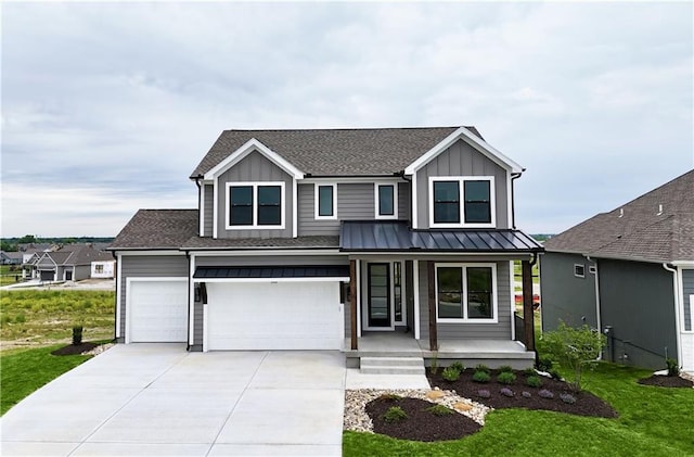 17163 S Laurelwood St, Olathe, KS 66062 - view of front of house featuring covered porch, a shingled roof, board and batten siding, and a front lawn