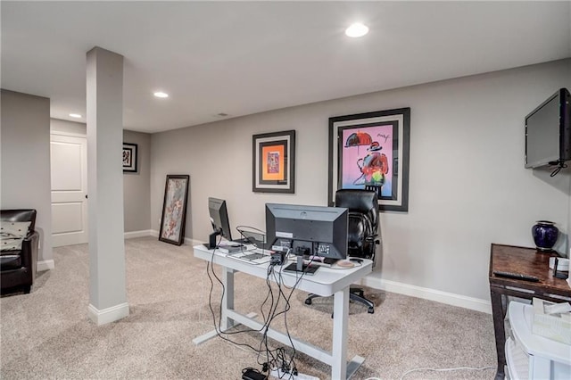 office with baseboards, recessed lighting, and light colored carpet