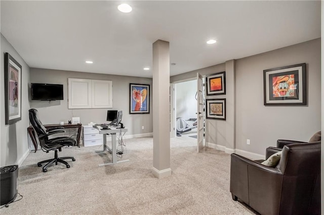 office space featuring recessed lighting, baseboards, and light carpet