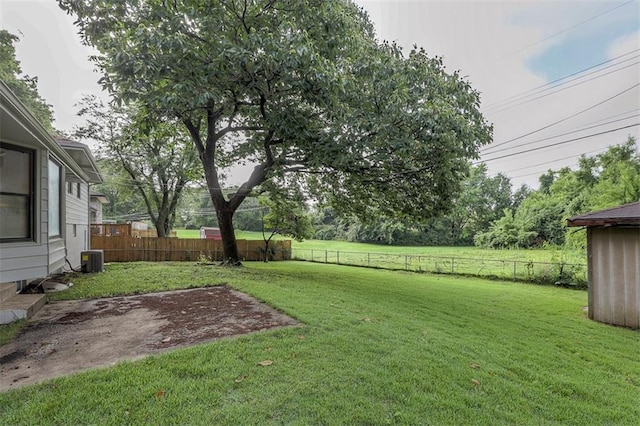 view of yard with central AC unit and a fenced backyard