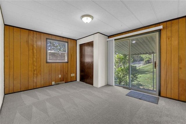 interior space with carpet floors, wood walls, visible vents, and a closet