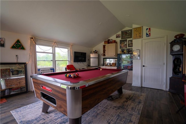 rec room featuring pool table, vaulted ceiling, and dark wood-type flooring