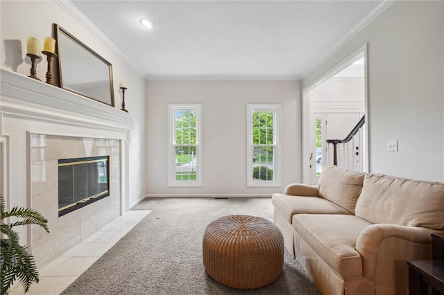 living room with crown molding, light colored carpet, a fireplace, recessed lighting, and baseboards
