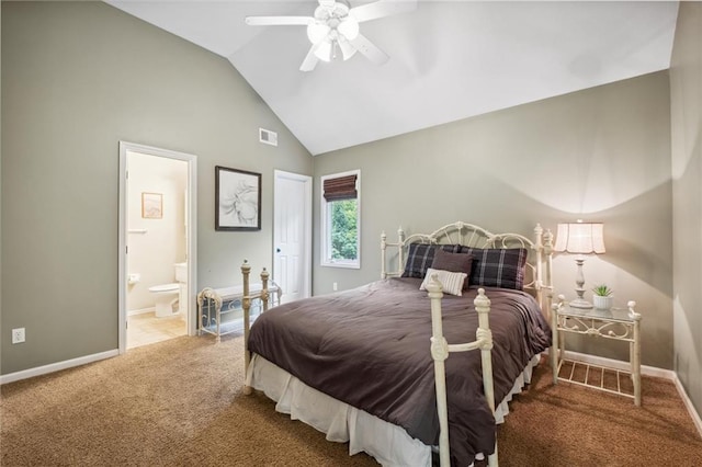 bedroom featuring carpet, high vaulted ceiling, baseboards, connected bathroom, and a ceiling fan