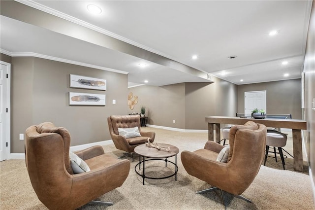 living area with light colored carpet, recessed lighting, baseboards, and ornamental molding