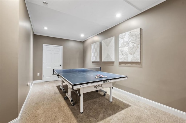 playroom with carpet, baseboards, and recessed lighting