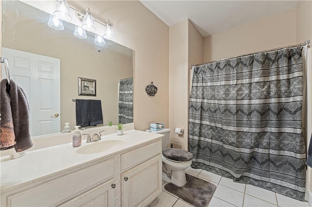 full bath with toilet, vanity, a shower with shower curtain, and tile patterned flooring