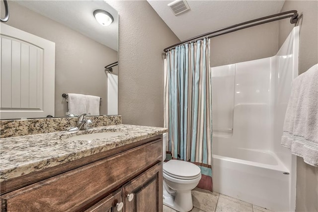 bathroom with visible vents, vanity, toilet, shower / bathtub combination with curtain, and tile patterned floors