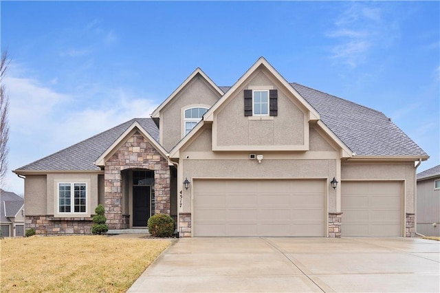 craftsman-style house featuring a front lawn, stucco siding, stone siding, concrete driveway, and an attached garage