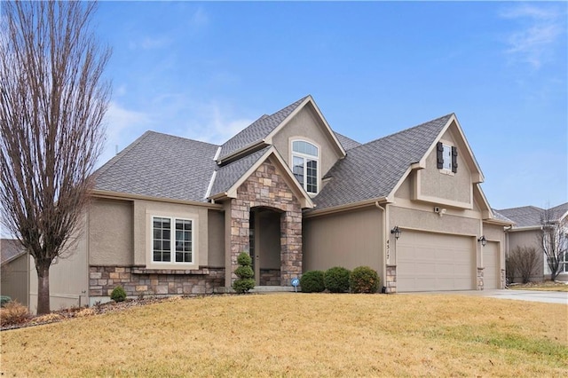 craftsman house featuring a front lawn, a garage, stone siding, concrete driveway, and stucco siding