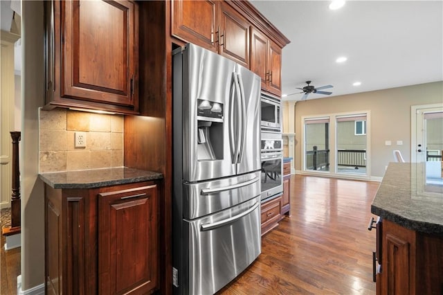 kitchen with tasteful backsplash, stainless steel appliances, dark wood-style flooring, recessed lighting, and a ceiling fan
