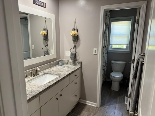 bathroom featuring baseboards, vanity, toilet, and wood finished floors