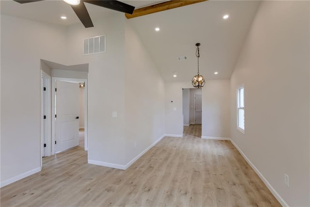 812 S Saville St, Independence, MO 64050 - spare room with high vaulted ceiling, baseboards, recessed lighting, light wood-type flooring, and a ceiling fan