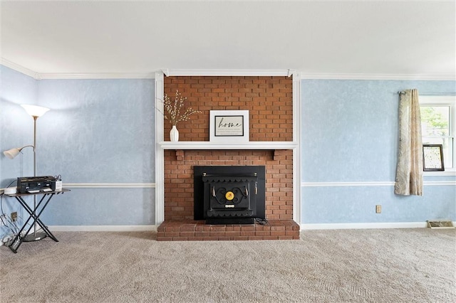 unfurnished living room with baseboards, ornamental molding, carpet, and a brick fireplace