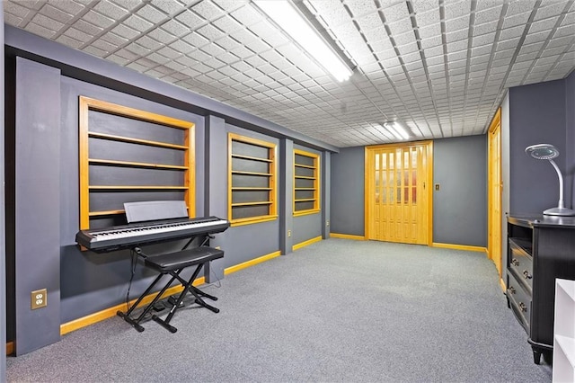 misc room featuring carpet flooring, baseboards, and built in shelves