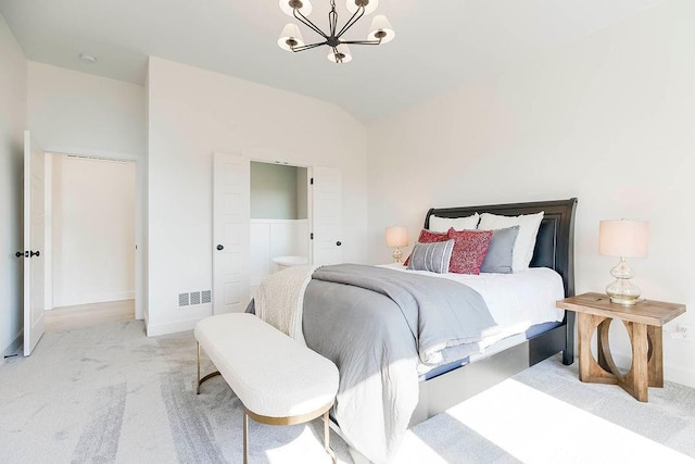 12541 S Hedge Ct, Olathe, KS 66061 - bedroom featuring a chandelier, light carpet, lofted ceiling, and baseboards