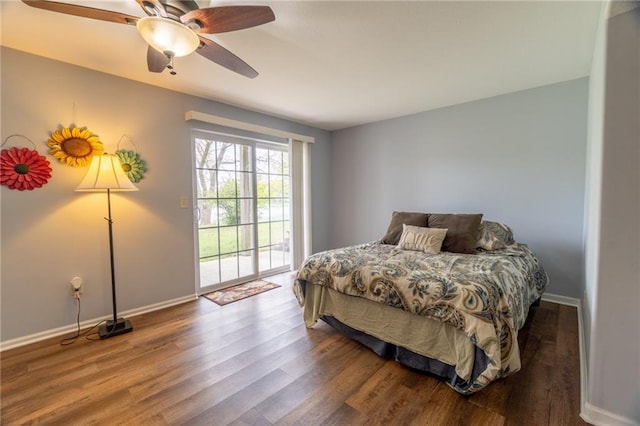 bedroom with baseboards, ceiling fan, access to outside, and wood finished floors