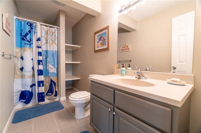 bathroom with vanity, toilet, baseboards, tile patterned floors, and a shower with curtain