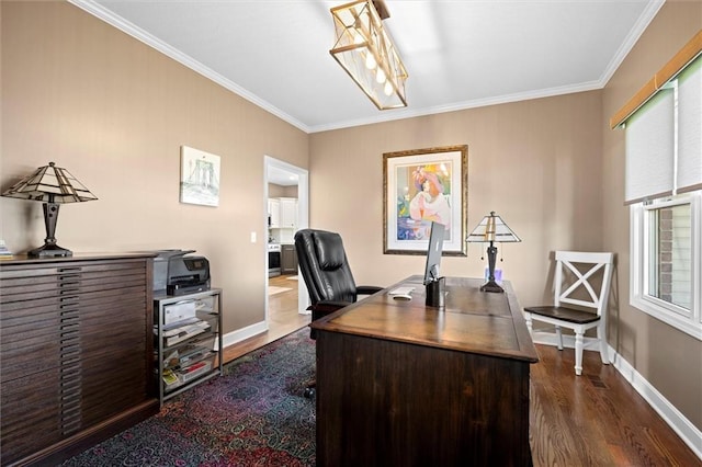 office featuring crown molding, dark wood-style flooring, and baseboards