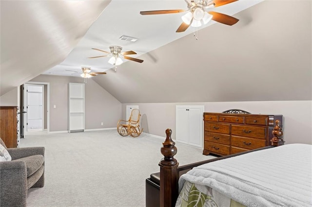 bedroom with ceiling fan, light carpet, baseboards, lofted ceiling, and visible vents