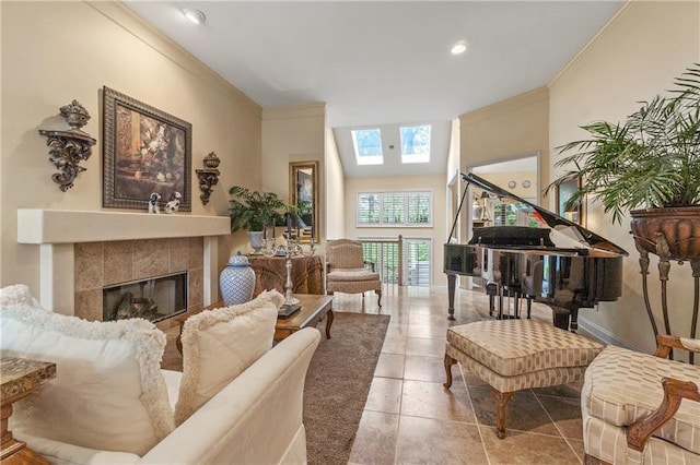 living area featuring tile patterned flooring, ornamental molding, and a tile fireplace