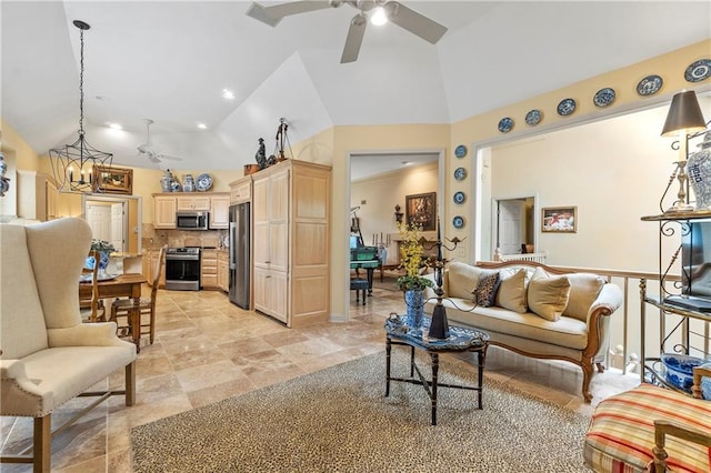 living room with high vaulted ceiling and a ceiling fan