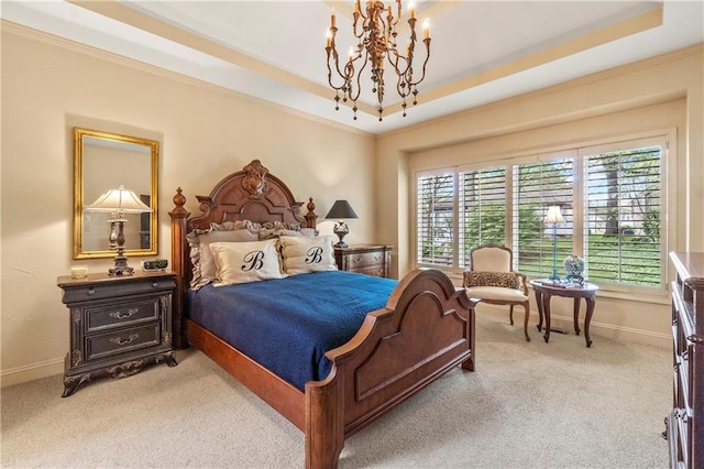bedroom featuring baseboards, light carpet, a tray ceiling, and a chandelier