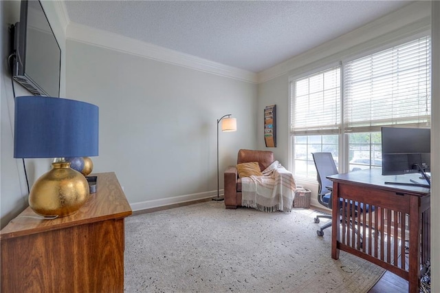 bedroom with crown molding, baseboards, and a textured ceiling