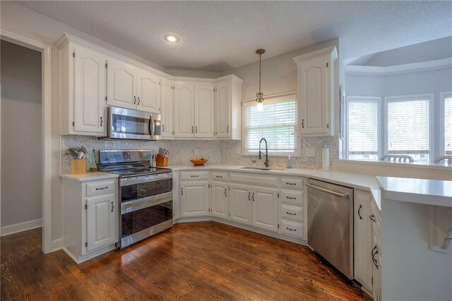 kitchen with backsplash, a sink, a peninsula, stainless steel appliances, and white cabinetry