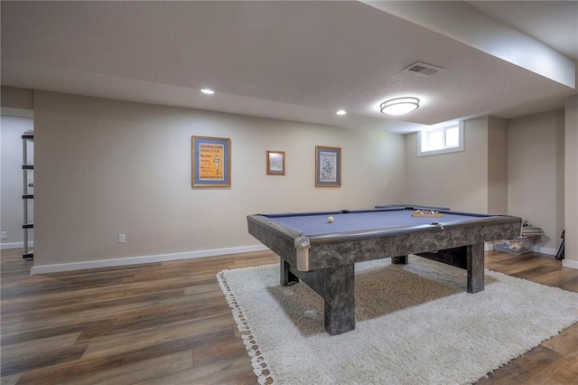 game room with visible vents, wood finished floors, baseboards, recessed lighting, and billiards